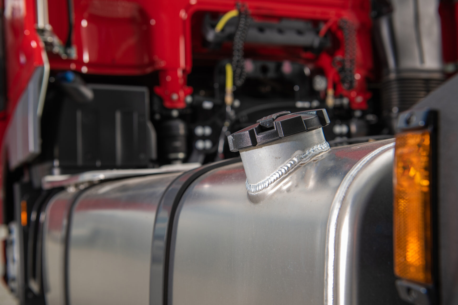 Semi Truck Diesel Fuel Tank Close Up. Gas Prices Concept. Transportation Industry Theme.